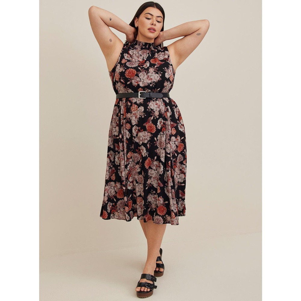 NWT Torrid Floral Midi Crinkle Gauze Mock Neck Pockets Dress Plus Size: 6X (30)